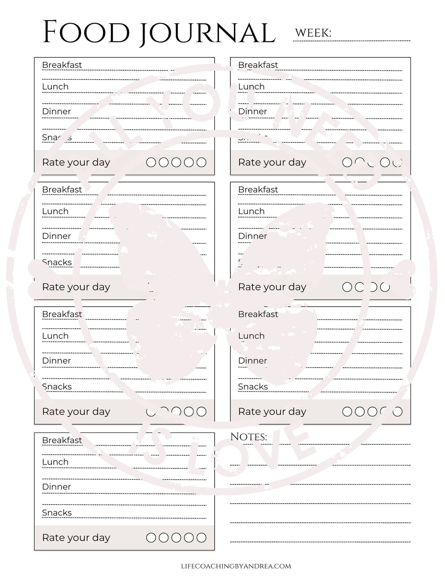 (On Your Way to Wellness Collection) "Food Journal" pdf Worksheet